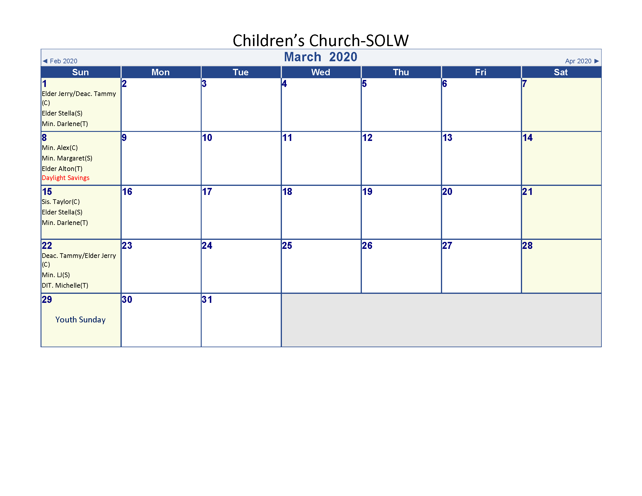 Childrens Church calendar