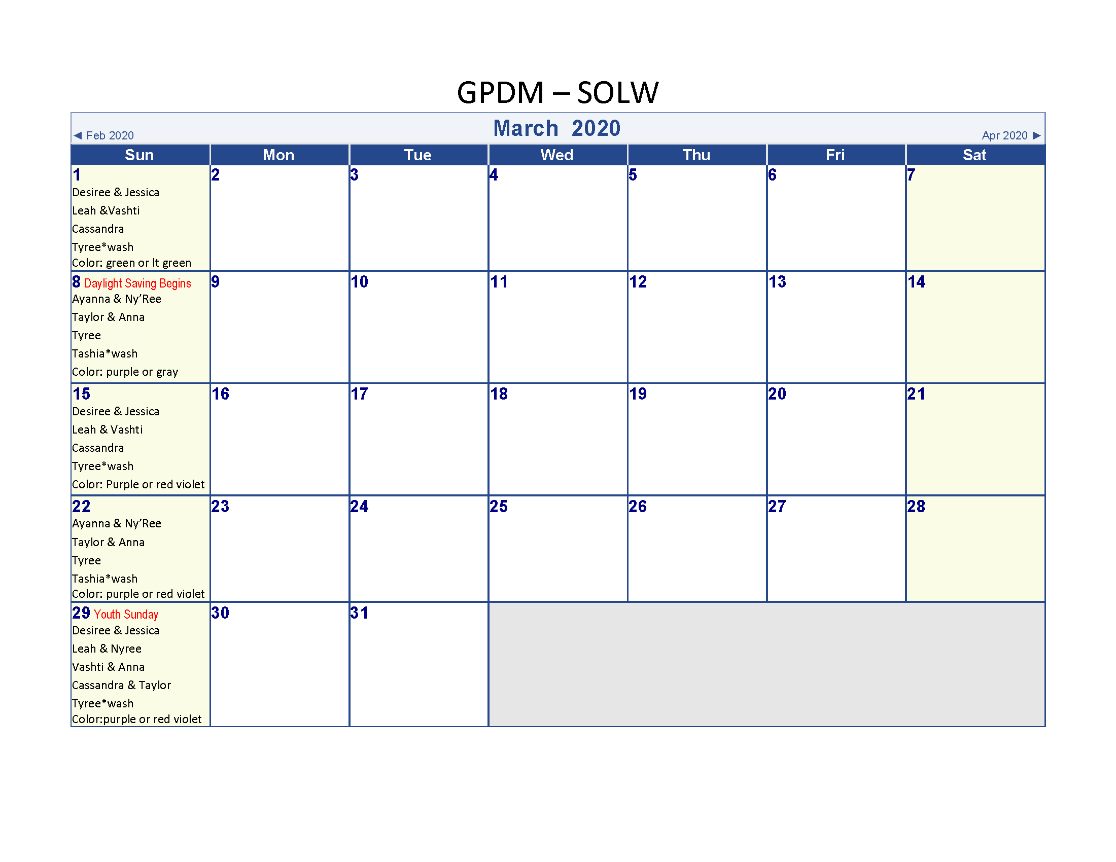 GPDM calendar