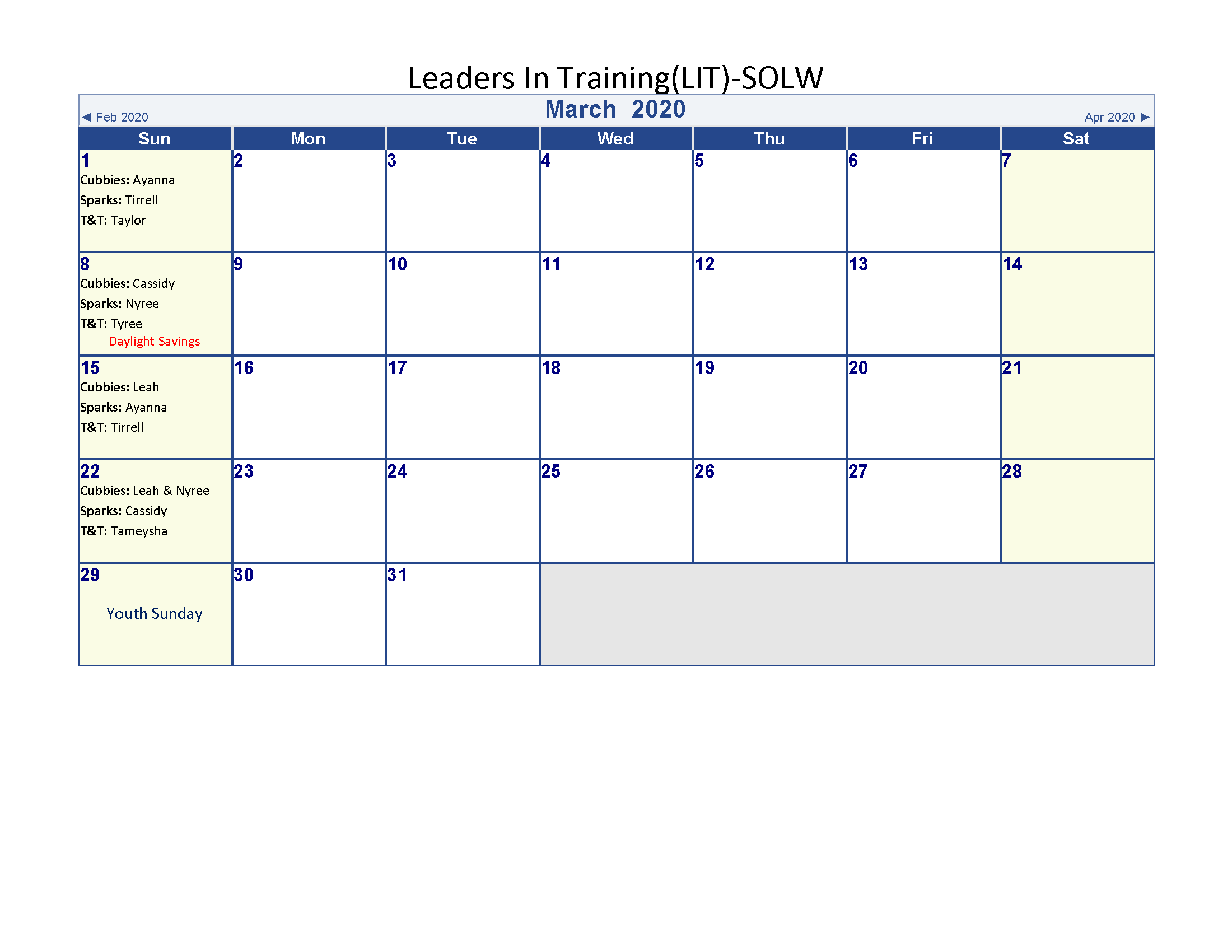 Leaders in Training calendar
