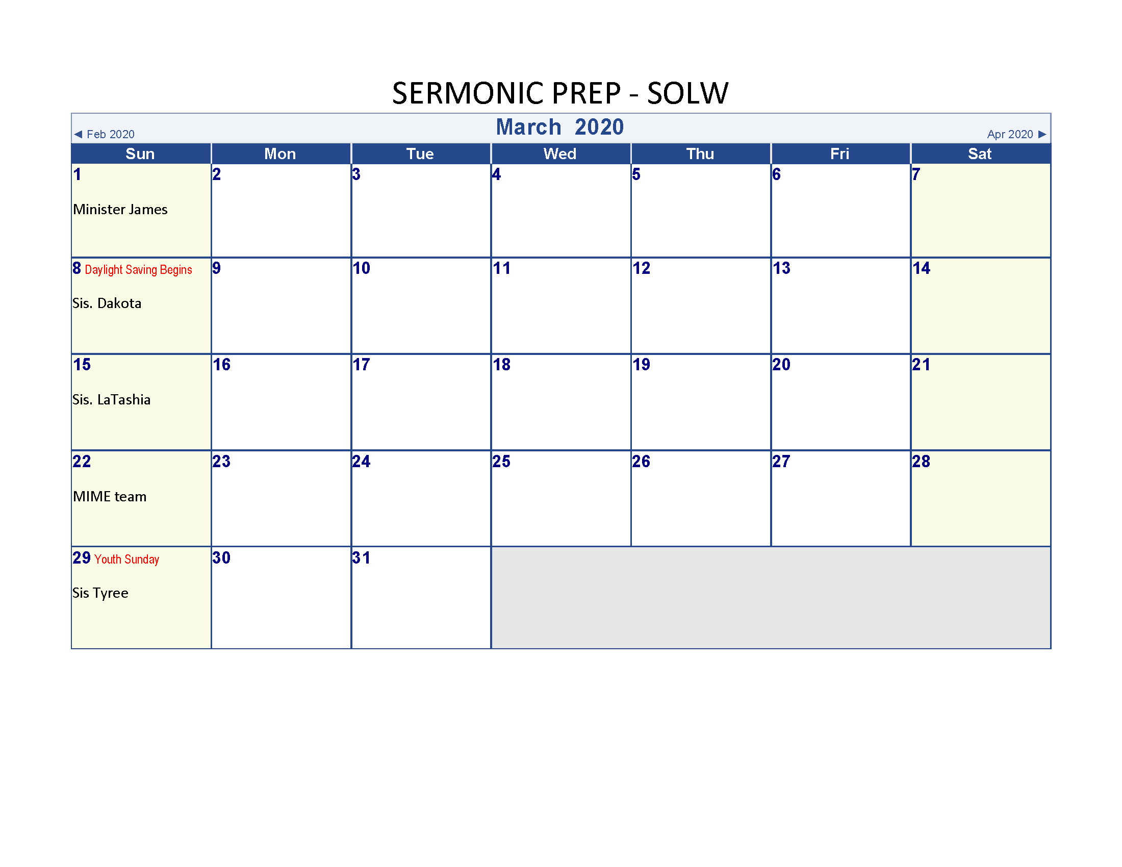 Sermonic Prep calendar
