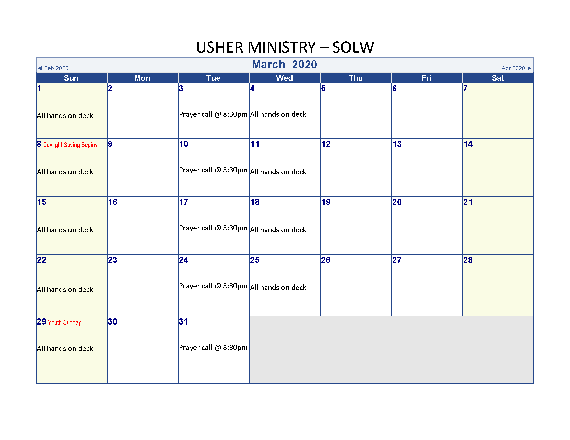 Ushers calendar